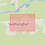 Karta som med röd fyrkant ramar in Stationsvägen, Skattungbyn, Orsa, Dalarnas län