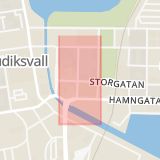 Karta som med röd fyrkant ramar in Nordea, Hudiksvall, Gävleborgs län