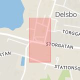 Karta som med röd fyrkant ramar in Delsbo, Frendo, Gävle, Hudiksvall, Gävleborgs län