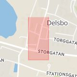 Karta som med röd fyrkant ramar in Delsbo, Hudiksvall, Gävleborgs län