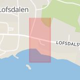 Karta som med röd fyrkant ramar in Lofsdalen, Prästgatan, Tullgatan, Östersunds Centrum, Krondikesvägen, Marielund, Jämtlands län