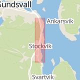 Karta som med röd fyrkant ramar in Bredsand, Kustvägen, Sundsvall, Västernorrlands län