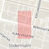 Karta som med röd fyrkant ramar in Bergsgatan, Fredsgatan, Stenstan, Sundsvall, Västernorrlands län