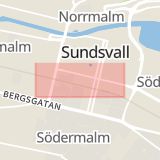 Karta som med röd fyrkant ramar in Stenstan, Norra Järnvägsgatan, Sundsvall, Västernorrlands län