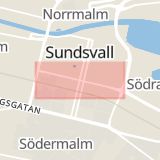 Karta som med röd fyrkant ramar in Stenstan, Köpmangatan, Sundsvall, Västernorrlands län