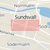 Karta som med röd fyrkant ramar in Stenstan, Köpmangatan, Sundsvall, Västernorrlands län