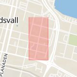 Karta som med röd fyrkant ramar in Stenstan, Tullgatan, Sundsvall, Västernorrlands län
