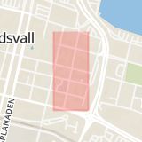 Karta som med röd fyrkant ramar in Tullgatan, Stenstan, Sundsvall, Lunde, Kramfors, Västernorrlands län