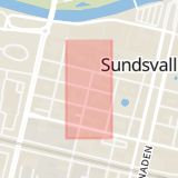 Karta som med röd fyrkant ramar in Rådhusgatan, Thulegatan, Sundsvall, Västernorrlands län