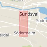 Karta som med röd fyrkant ramar in Thulegatan, Sundsvall, Västernorrlands län