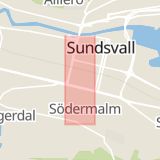 Karta som med röd fyrkant ramar in Södermalm, Bergsgatan, Thulegatan, Sundsvall, Västernorrlands län
