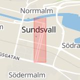 Karta som med röd fyrkant ramar in Esplanaden, Stenstan, Sundsvall, Sollefteå, Västernorrlands län
