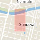 Karta som med röd fyrkant ramar in Storgatan, Inre Hamnen, Sundsvall, Västernorrlands län
