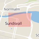 Karta som med röd fyrkant ramar in Stenstan, Sjögatan, Sundsvall, Västernorrlands län