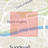 Karta som med röd fyrkant ramar in Skepparegatan, Sundsvall, Västernorrlands län