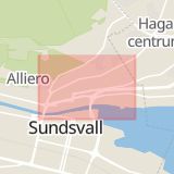 Karta som med röd fyrkant ramar in Sundsvall, Tivolivägen, Norrmalm, Västernorrlands län