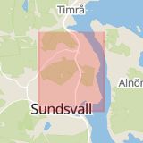 Karta som med röd fyrkant ramar in Sundsvall, Skönsberg, Kramfors, Dockstavägen, Västernorrlands län