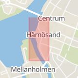 Karta som med röd fyrkant ramar in Stora Torget, Konsthallen, Härnösand, Västernorrlands län