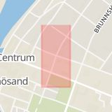 Karta som med röd fyrkant ramar in Norra Kyrkogatan, Pumpbacksgatan, Härnösand, Västernorrlands län