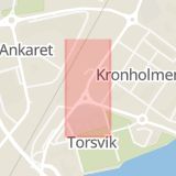 Karta som med röd fyrkant ramar in Kronholmen, Stationsgatan, Härnösand, Västernorrlands län