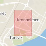 Karta som med röd fyrkant ramar in Strandgatan, Kronholmen, Härnösand, Västernorrlands län