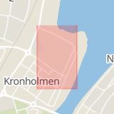Karta som med röd fyrkant ramar in Kronholmen, Varvsgatan, Härnösand, Västernorrlands län