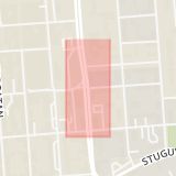 Karta som med röd fyrkant ramar in Rådhusgatan, Thoméegränd, Biblioteksgatan, Östersund, Jämtlands län