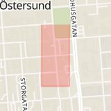 Karta som med röd fyrkant ramar in Kyrkgatan, Postgränd, Östersunds Centrum, Bussgata, Östersund, Jämtlands län