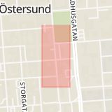 Karta som med röd fyrkant ramar in Prästgatan, Östersunds Centrum, Östersund, Jämtlands län