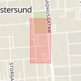 Karta som med röd fyrkant ramar in Kyrkgatan, Rådhusgatan, Östersund, Jämtlands län