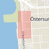 Karta som med röd fyrkant ramar in Strandgatan, Östersund, Skolvägen, Mörsil, Jämtlands län