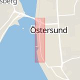 Karta som med röd fyrkant ramar in Strandgatan, Östersund, Jämtlands län