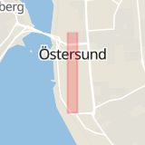 Karta som med röd fyrkant ramar in Storgatan, Östersund, Jämtlands län