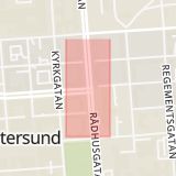 Karta som med röd fyrkant ramar in Färjemansgatan, Rådhusgatan, Östersund, Jämtlands län