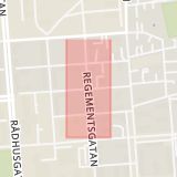 Karta som med röd fyrkant ramar in Färjemansgatan, Regementsgatan, Östersund, Jämtlands län