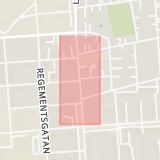 Karta som med röd fyrkant ramar in Färjemansgatan, Litsvägen, Östersund, Jämtlands län
