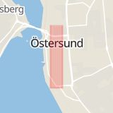 Karta som med röd fyrkant ramar in Östersund, Storgatan, Gällö, Jämtlands län