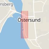 Karta som med röd fyrkant ramar in Strandgatan, Östersund, Jämtlands län