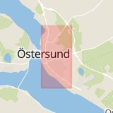 Karta som med röd fyrkant ramar in Odenslund, Rådhusgatan, Östersund, Jämtlands län