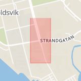 Karta som med röd fyrkant ramar in Strandgatan, Viktoriaesplanaden, Örnsköldsvik, Västernorrlands län