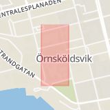 Karta som med röd fyrkant ramar in Stora Torget, Bussgatan, Örnsköldsvik, Västernorrlands län