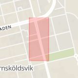 Karta som med röd fyrkant ramar in Fabriksgatan, Viktoriaesplanaden, Örnsköldsvik, Västernorrlands län