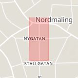 Karta som med röd fyrkant ramar in Nygatan, Storgatan, Nordmaling, Västerbottens län