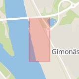 Karta som med röd fyrkant ramar in Strömpilsplatsen, Gimonäs, Umeå, Västerbottens län