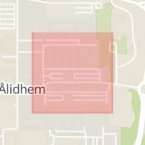 Karta som med röd fyrkant ramar in Ålidhem, Historiegränd, Umeå, Västerbottens län