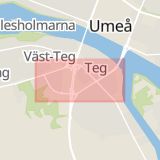 Karta som med röd fyrkant ramar in Sandbacka, Tegsvägen, Umeå, Västerbottens län