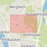 Karta som med röd fyrkant ramar in Västerbotten, Universitetsområdet, Umeå, Nydala, Petrus Laestadius Väg, Röda Korset, Regna, Vila, Västerbottens län