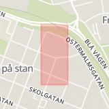 Karta som med röd fyrkant ramar in Skellefteå, Myckle, Umeå, Djäkneböle, Ridvägen, Storgatan, Öst På Stan, Västerbottens län