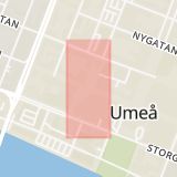 Karta som med röd fyrkant ramar in Renmarkstorget, Kungsgatan, Vasagatan, Umeå, Västerbottens län