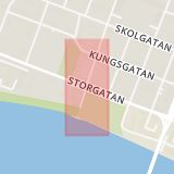 Karta som med röd fyrkant ramar in Skellefteå, Bergsbyn, Kroksjön, Umeå, Brogatan, Storgatan, Västerbottens län